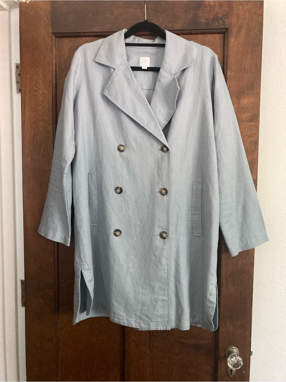 J. Jill Pale Blue Double-Breasted Linen/Cotton Trench Coat